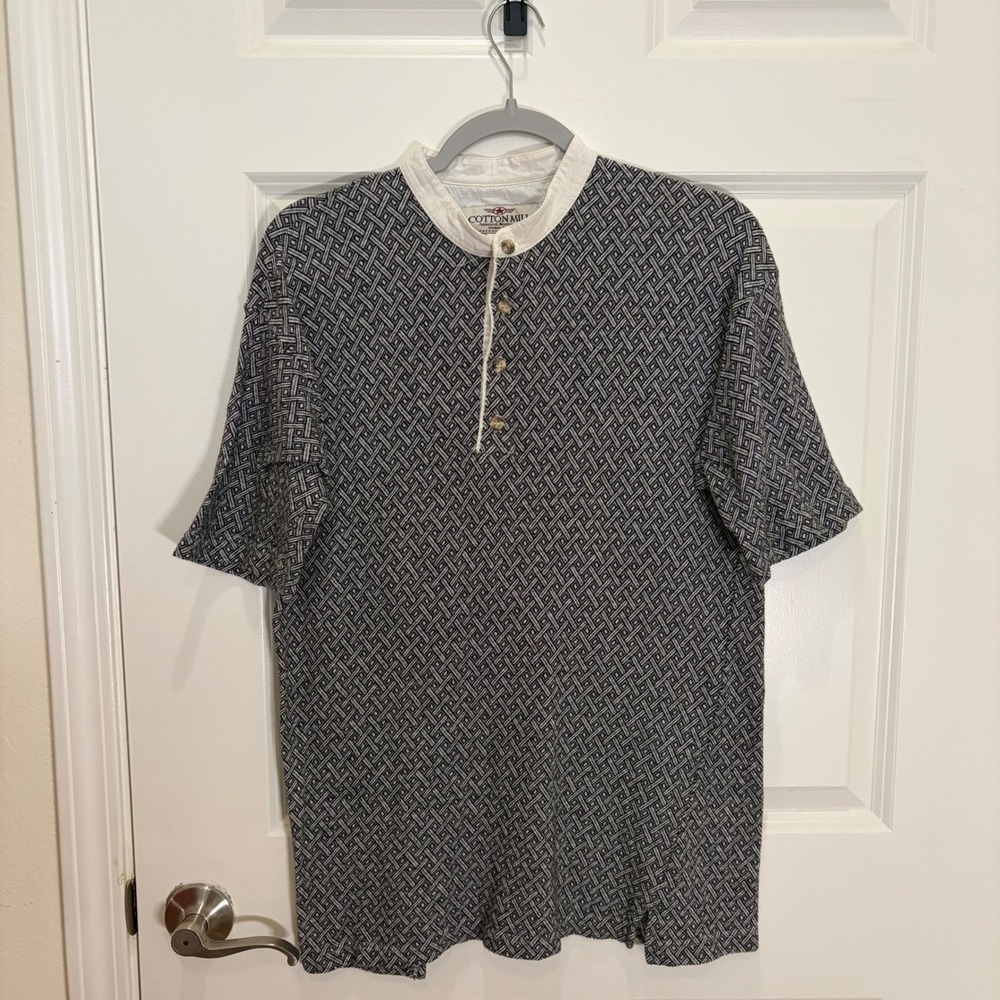 Vintage Cotton Mill Mens Navy White Geometric Basketweave Henley Shirt Large